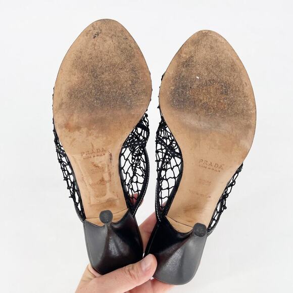 Prada Vintage Black Fishnet Bow Detail Retro Mule Slide Sandal Heel size IT 38.5 - Picture 10 of 11